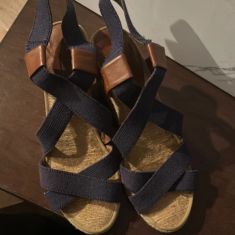 Lucky Brand Navy and Tan Wedge Sandals - Picture 2 of 5